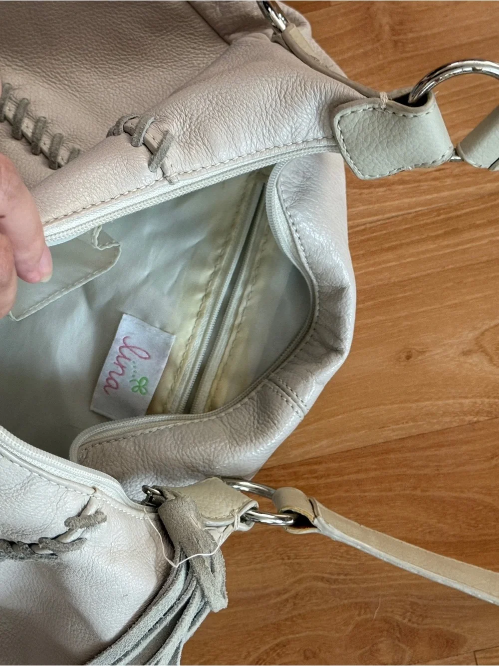 Vintage leather White Stitched Hobo Bag with Tassel